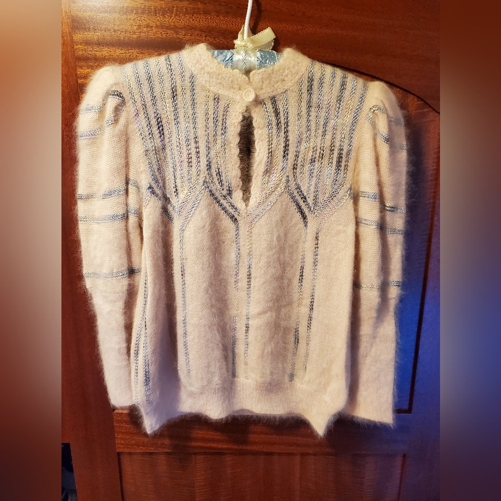 Vintage Jessica Knits hand loomed and crocheted angora Sweater and Skirt, Size S